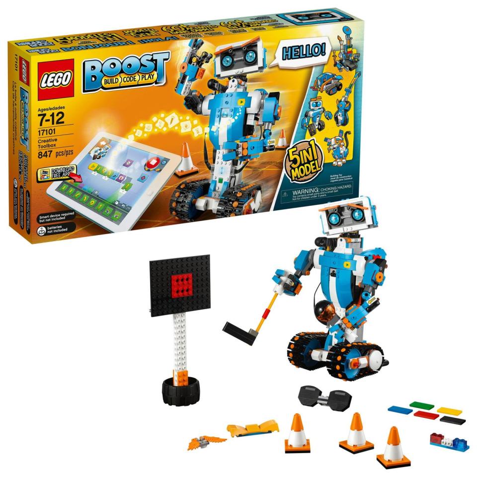 <p><strong>LEGO</strong></p><p>amazon.com</p><p><strong>$107.00</strong></p><p><a href="https://www.amazon.com/dp/B084HLLKFT?tag=syn-yahoo-20&ascsubtag=%5Bartid%7C10055.g.29413969%5Bsrc%7Cyahoo-us" rel="nofollow noopener" target="_blank" data-ylk="slk:Shop Now" class="link ">Shop Now</a></p><p>With the LEGO Boost, kids can learn how to program a robot. They'll get 847 pieces that can be used to <strong>build five different types of robots — including a guitar and cat</strong>! Using the free LEGO Boost app, they can code in order to make cool things happen (like make the robot dance, for example). <em>Ages 7+</em> </p>