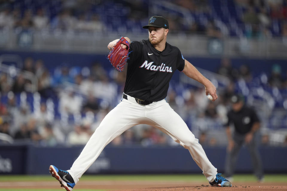 Miami Marlins' Trevor Rogers delivers a pitch during the first inning of a baseball game against the Philadelphia Phillies, Friday, May 10, 2024, in Miami. (AP Photo/Wilfredo Lee)
