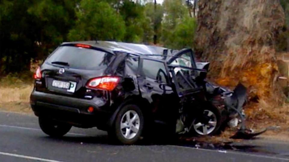 Brooke Richardsons car after she became distracted while texting and driving and slammed into a tree.