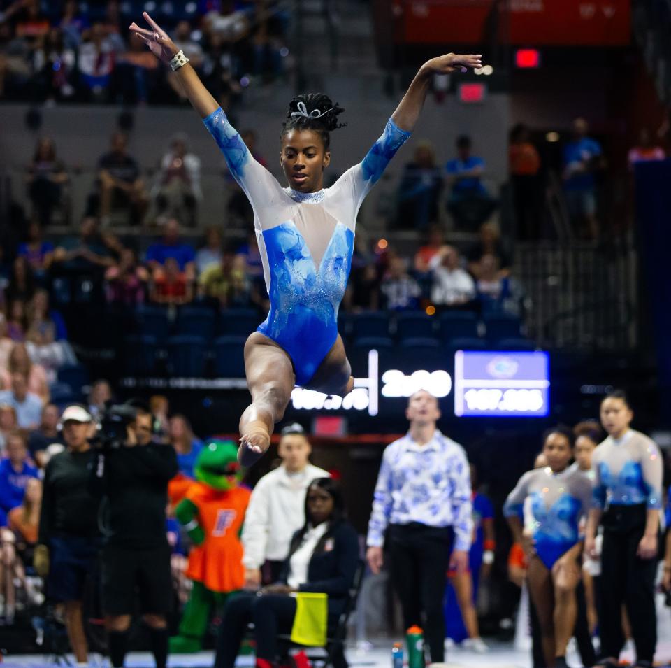 Florida Gators gymnast Anya Pilgrim performs her floor exercise. The Florida Gators hosted the Alabama Crimson Tide at Exactech Arena at The Stephen C O'Connell Center in Gainesville, FL on Friday, January 26, 2024. [Doug Engle/Gainesville Sun]