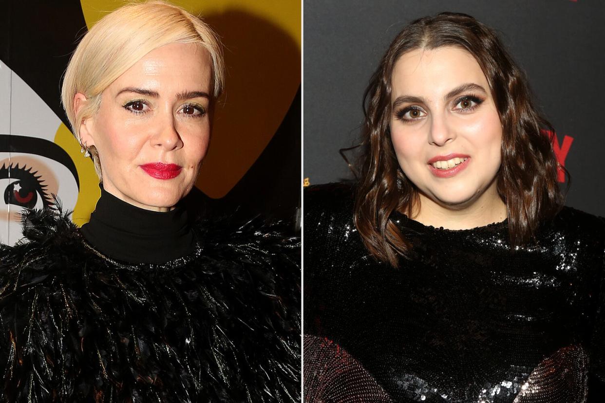 Sarah Paulson poses at the opening night of the musical "Funny Girl"; Beanie Feldstein poses at the opening night of the musical "Funny Girl"