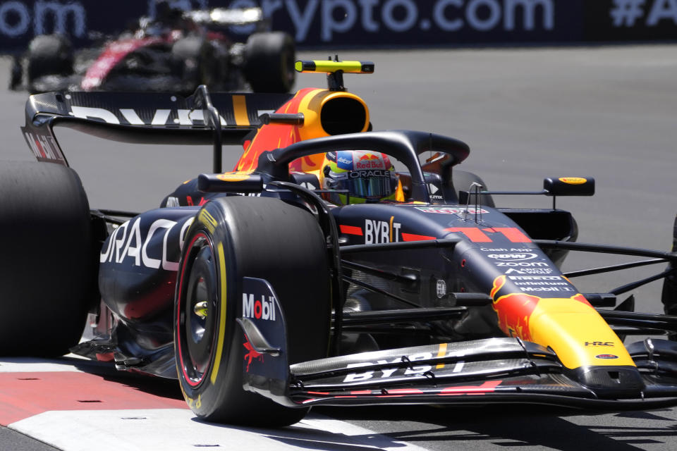 Red Bull driver Sergio Perez of Mexico steers his car during the sprint shootout event at the Baku circuit in Baku, Azerbaijan, Saturday, April 29, 2023. The Formula One Grand Prix will be held on Sunday April 30, 2023. (AP Photo/Darko Bandic)