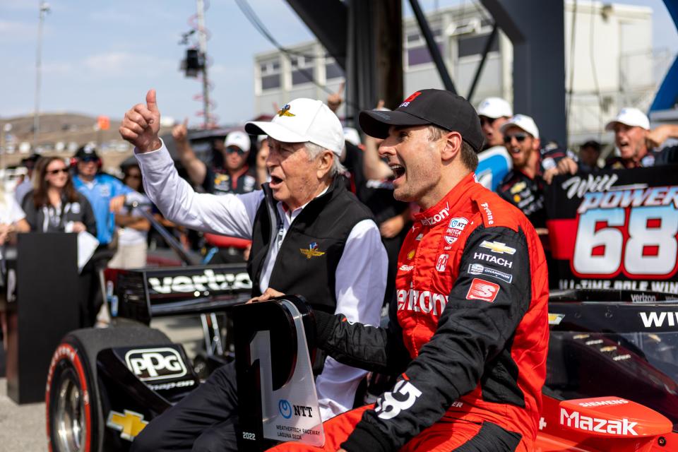 Will Power, sitting with team owner Roger Penske, snagged his 68th career pole Saturday, breaking a tie with Mario Andretti for the all-time lead.