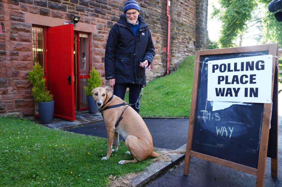 A lurcher called Alfie outside Pollokshields Burgh Halls in Glasgow during the 2024 General Election. Picture date: Thursday July 4, 2024.