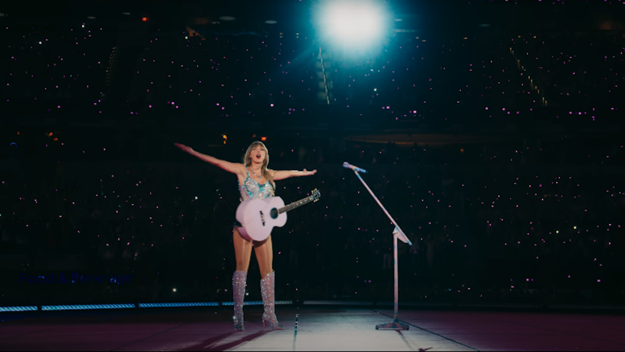  Taylor Swift in Lover era during Eras Tour concert film. 