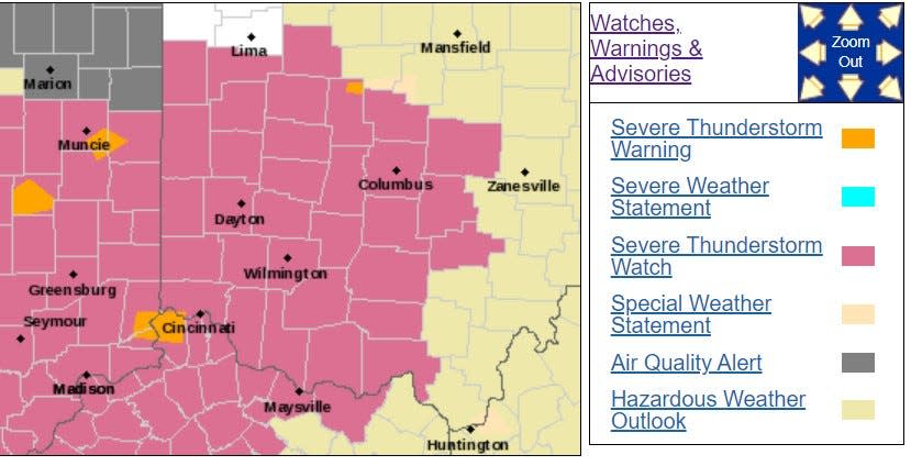 National Weather Service map showing central Ohio and other areas of Ohio under severe thunderstorm watch until 10 p.m. Monday