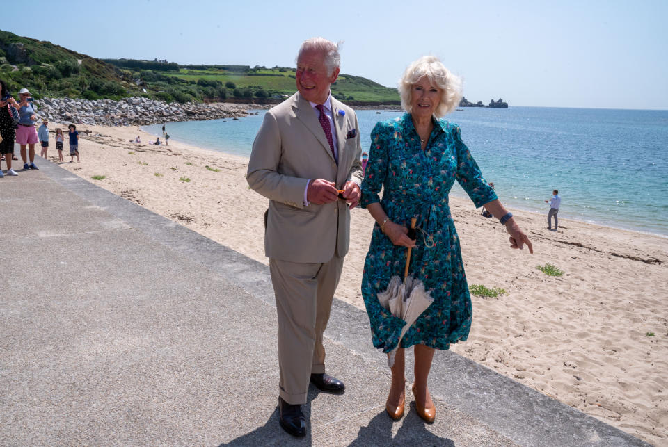 <p>The Prince of Wales and the Duchess of Cornwall, during a visit to St Mary�s Quayside, on St Mary's, Isles of Scilly. Picture date: Tuesday July 20, 2021.</p>
