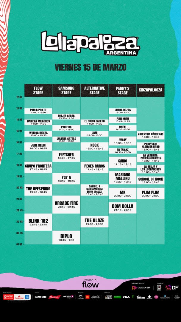 Los horarios del viernes 15 de marzo de Lollapalooza Argentina 2024