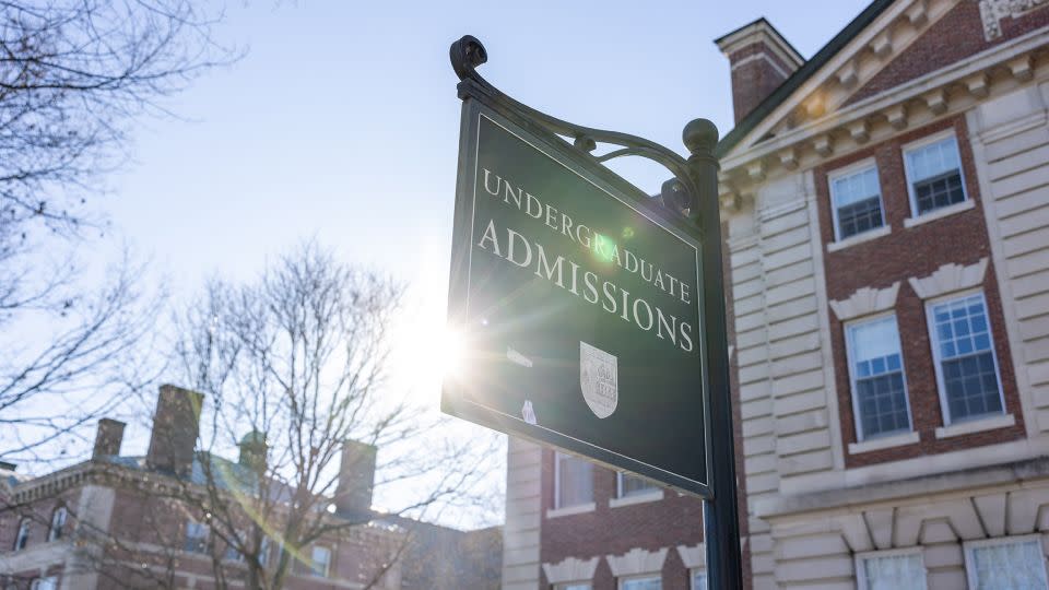 Signage outside of the Admissions Office at Dartmouth College on February 8, 2024 in Hanover, New Hampshire. Dartmouth College has announced it will once again require applicants to submit standardized test scores, beginning with the next application cycle, for the class of 2029. - Scott Eisen/Getty Images