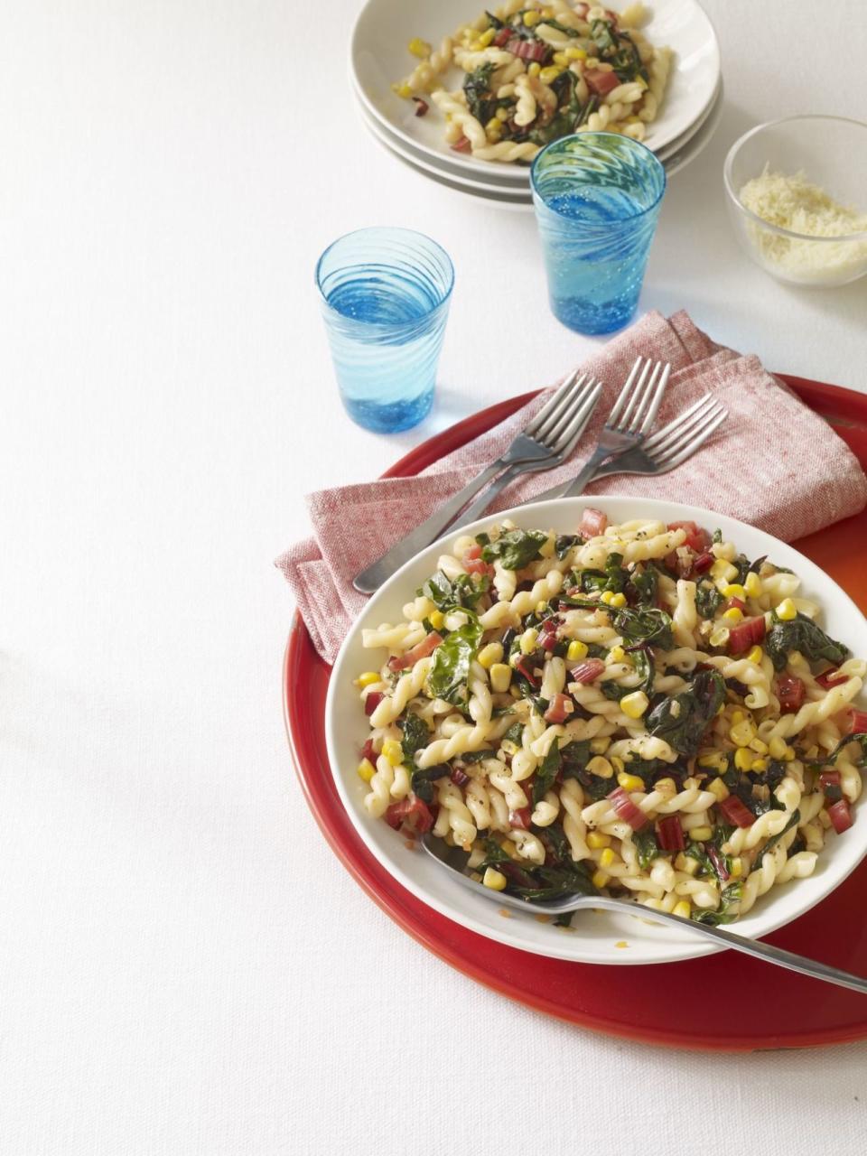 Pasta with Garlicky Swiss Chard and Corn