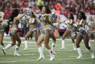 <p>Atlanta Falcons cheerleaders wearing Salute to Service costumes perform during the first of an NFL football game between the Atlanta Falcons and the Arizona Cardinals, Sunday, Nov. 27, 2016, in Atlanta. (AP Photo/David Goldman) </p>