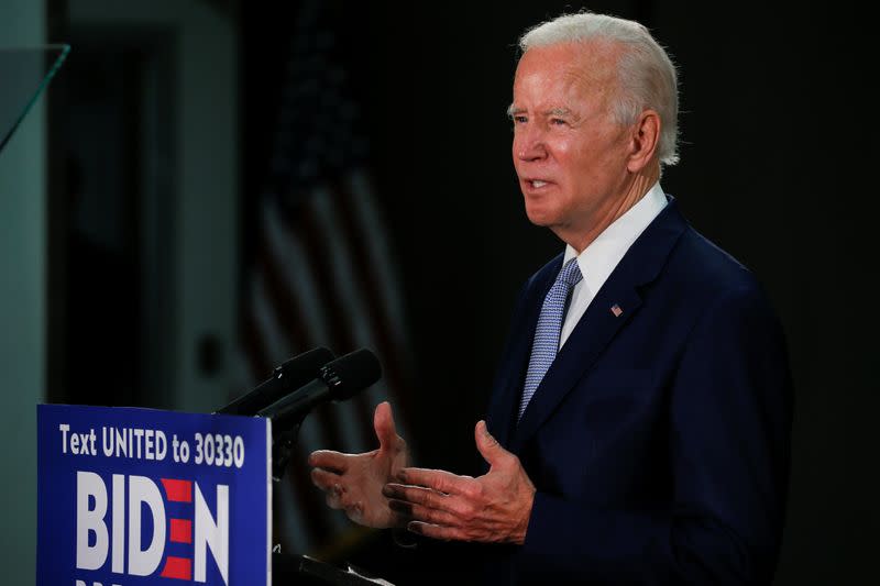 U.S. Democratic presidential candidate Joe Biden speaks during a campaign event in Dover