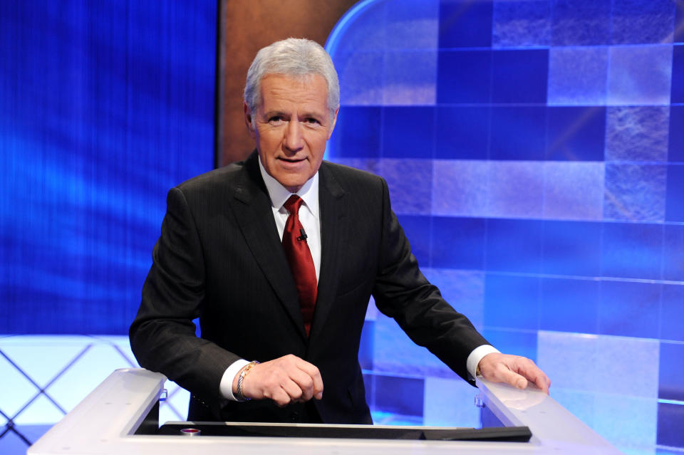Game show host Alex Trebek poses on the set of the "Jeopardy!" Million Dollar Celebrity Invitational Tournament Show Taping on April 17, 2010, in Culver City, California. (Photo by Amanda Edwards/Getty Images)