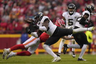 Jacksonville Jaguars linebacker Foyesade Oluokun (23) misses the interception against the Kansas City Chiefs during the first half of an NFL divisional round playoff football game, Saturday, Jan. 21, 2023, in Kansas City, Mo. (AP Photo/Jeff Roberson)