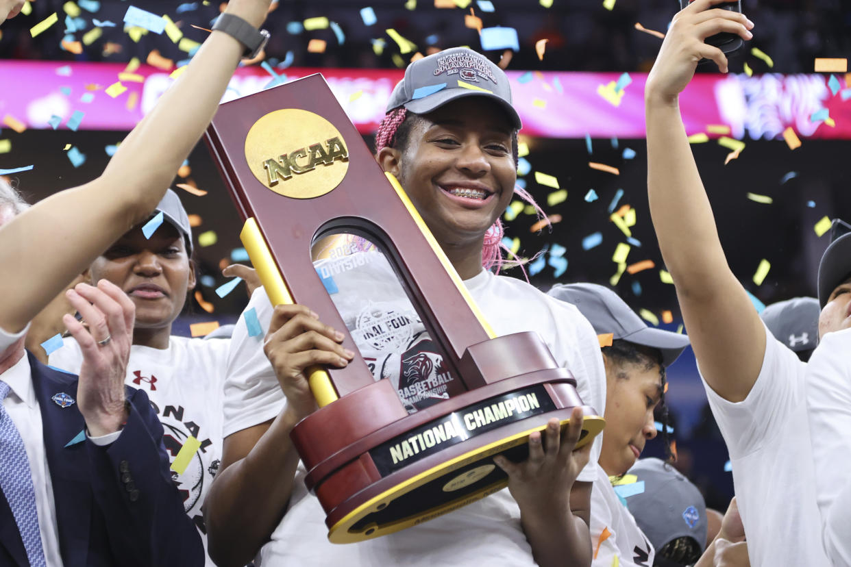 South Carolina's Aliyah Boston celebrates after her team defeated the UConn Huskies in the NCAA championship game on April 3, 2022 in Minneapolis, Minnesota. (Photo by C. Morgan Engel/NCAA Photos via Getty Images)