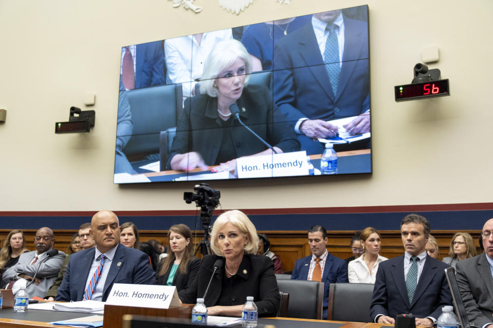 Federal Highway Administration Administrator Shailen Bhatt, left, listens as Jennifer Homendy, Chair of the National Transportation Safety Board, testifies, during a House Committee on Transportation and Infrastructure hearing on the federal response to the Francis Scott Key Bridge collapse, Wednesday, May 15, 2024, on Capitol Hill in Washington. (AP Photo/Jacquelyn Martin)