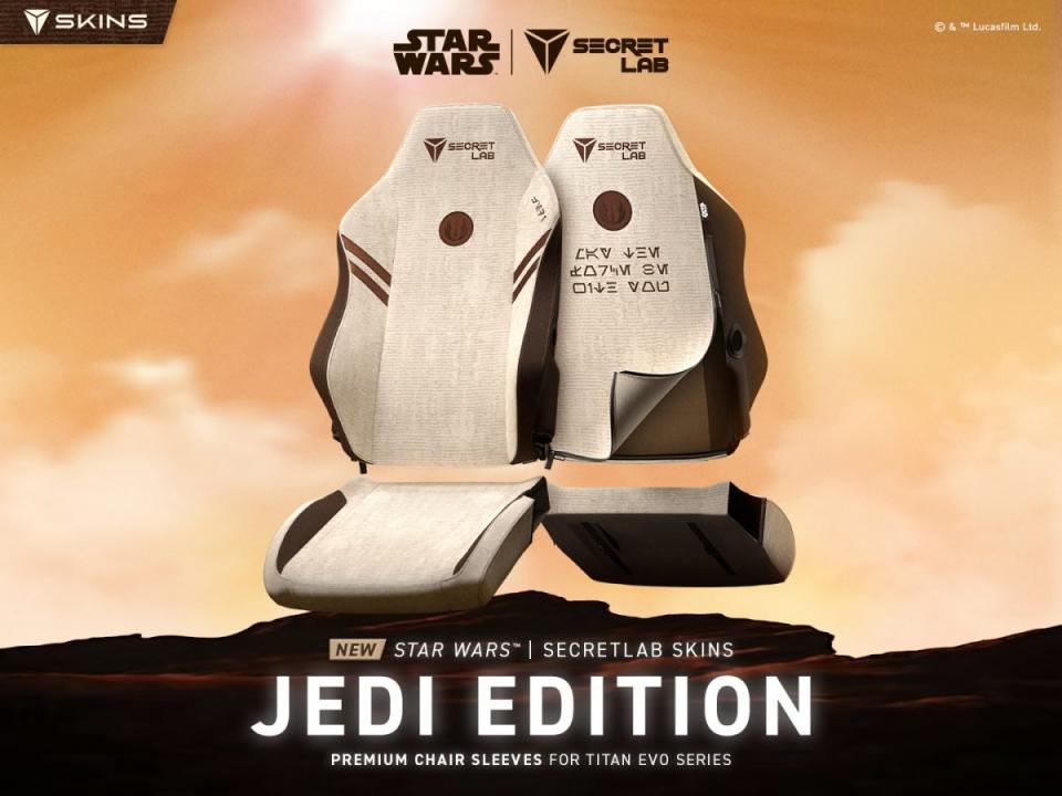 The Secretlab TITAN Evo chair with the Jedi SKIN floating in front of an orange sky background to announce the May the Fourth launch