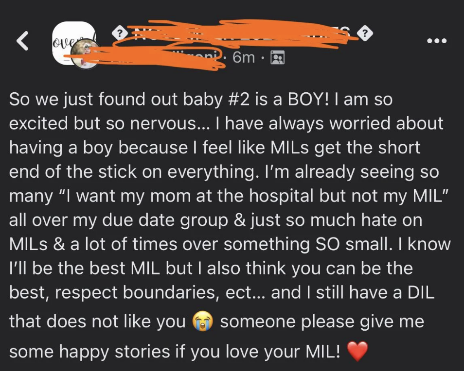 The image shows a social media post where a user announces expecting a boy and shares mixed feelings about family dynamics