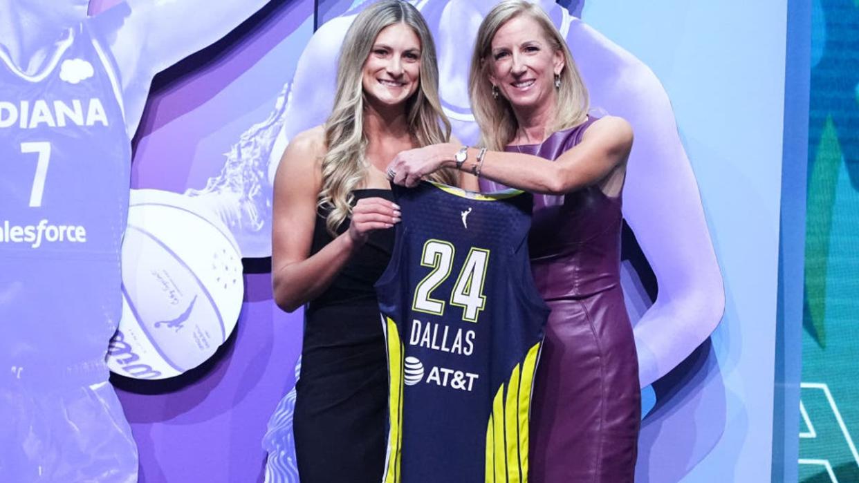 <div>Jacy Sheldon and Cathy Engelbert at the WNBA Draft 2024 held at the Brooklyn Academy of Music on April 15, 2024 in New York City. (Photo by John Nacion/Sportico via Getty Images)</div>