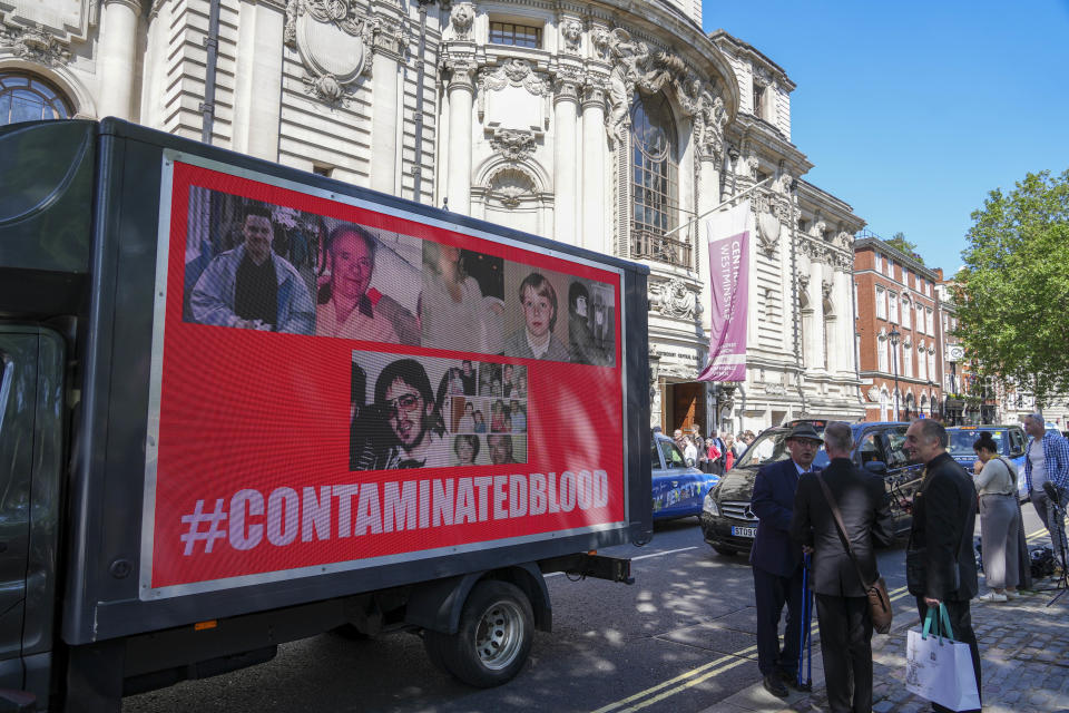 A van with a poster on outside Central Hall in Westminster, London, after the publication of the Infected Blood Inquiry report. Tens of thousands of people in the UK were infected with deadly viruses after they were given contaminated blood and blood products between the 1970s and early 1990s. These include people who needed blood transfusions for accidents, in surgery or during childbirth, and patients with certain blood disorders who were treated with donated blood plasma products or blood transfusions. Picture date: Monday May 20, 2024. (Photo by Jeff Moore/PA Images via Getty Images)