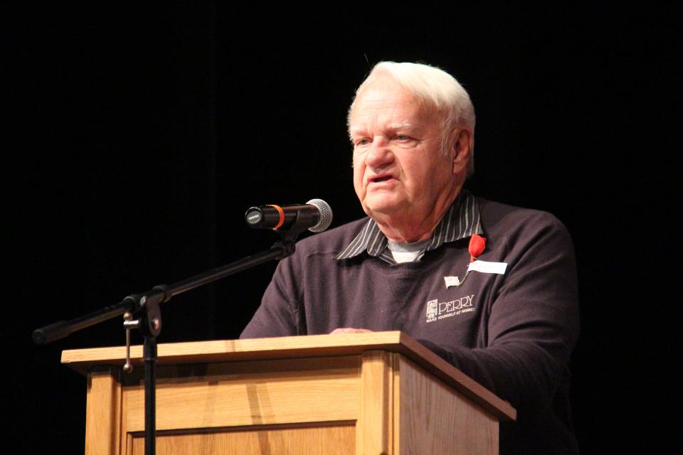 Perry Mayor John Andorf speaks during the Veterans Day program on Friday, Nov. 11, 2022, at Perry Performing Arts Center.