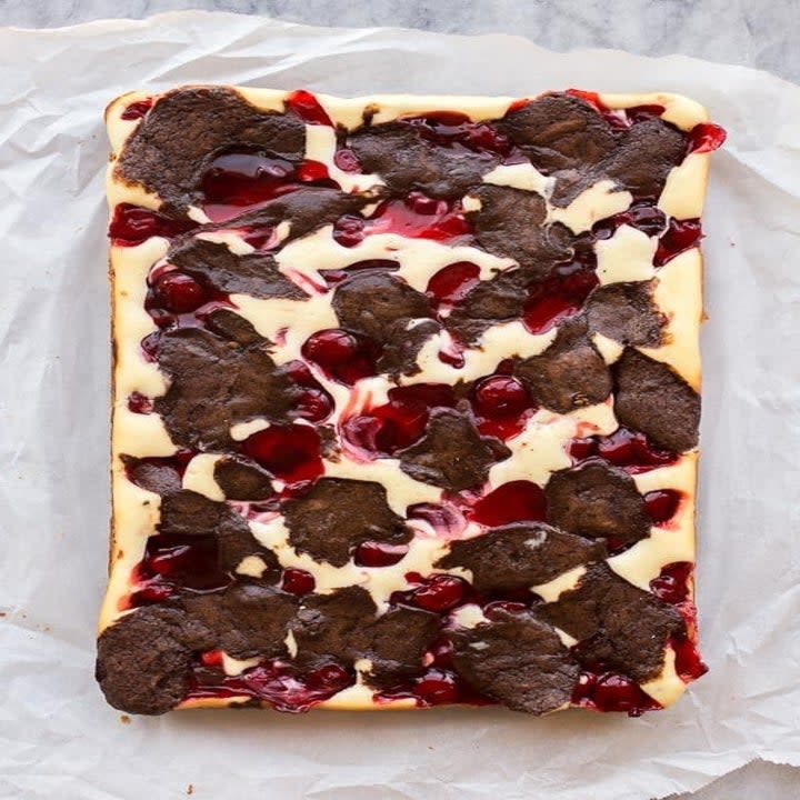 Uncut cherry cheesecake brownies.