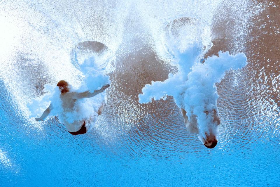 5 August 2022: England's Anthony Harding and England's Jack Laugher competes to win and take the gold medal in the men's synchronised 3m springboard diving final on day eight of the Commonwealth Games at Sandwell Aquatics Centre in Birmingham, central England (AFP/Getty)