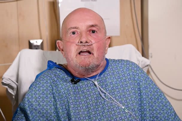 PHOTO: Club Q shooting survivor Ed Sanders talks about the incident from his hospital bed in Colorado Springs, Colo., Nov. 21, 2022.  (Sonya Doctorian/UCHealth Memorial Hospital Central via AP)