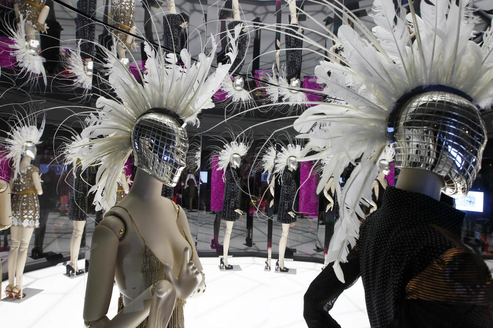 Fashion creations are displayed at the Louis Vuitton-Marc Jacobs exhibit in the Art Decoratifs Museum in Paris, Thursday, March 8, 2012. (AP Photo/Francois Mori)