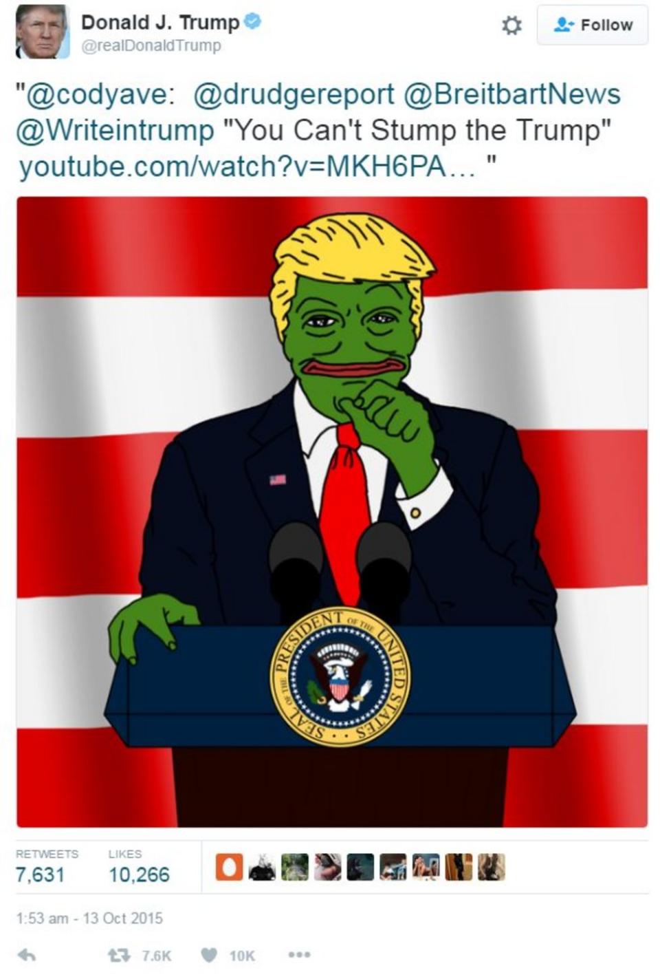 Donald Trump is iconised through the Pepe the Frog meme by the far right and hate groupsTwitter