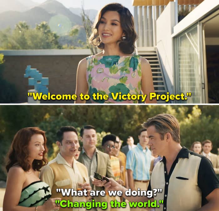Gemma Chan saying, "Welcome to the Victory Project." Chris Pine asking, "What are we doing?" Olivia Wilde answering, "Changing the world"