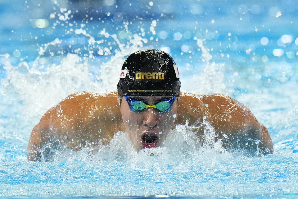 Tomoru Honda of Japan competes in the men's 200m butterfly final at the World Aquatics Championships in Doha, Qatar, Wednesday, Feb. 14, 2024. (AP Photo/Hassan Ammar)