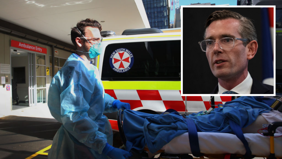 Paramedic wearing mask pushes gurney by ambulance, inset: Dominic Perrottet. 