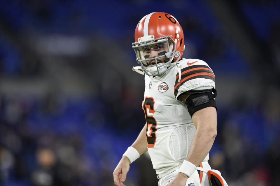 Cleveland Browns quarterback Baker Mayfield works out prior to an NFL football game against the Baltimore Ravens, Sunday, Nov. 28, 2021, in Baltimore. (AP Photo/Gail Burton)