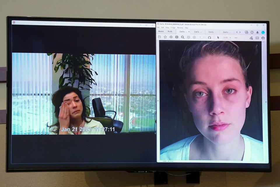 Raquel Pennington testifies in a previously recorded video deposition, as a picture of actor Amber Heard is seen on screen in the courtroom at the Fairfax County Circuit Courthouse in Fairfax, Va., Wednesday, May 18, 2022.