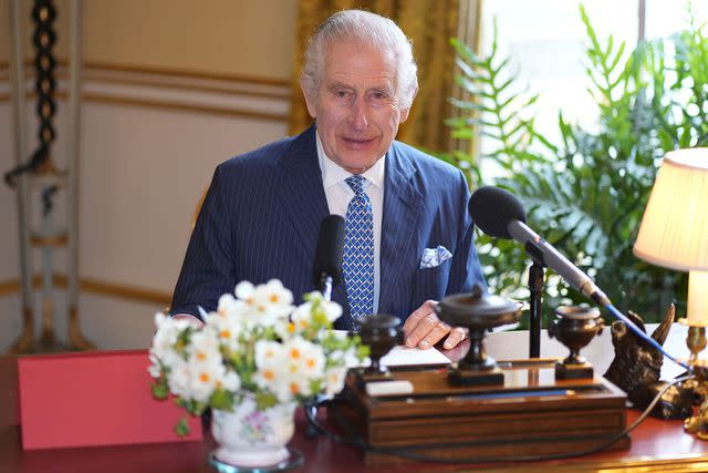 <p>BBC/Sky/ITV News</p> King Charles records a message for the Royal Maundy Service in a photo issued on March 27, 2024