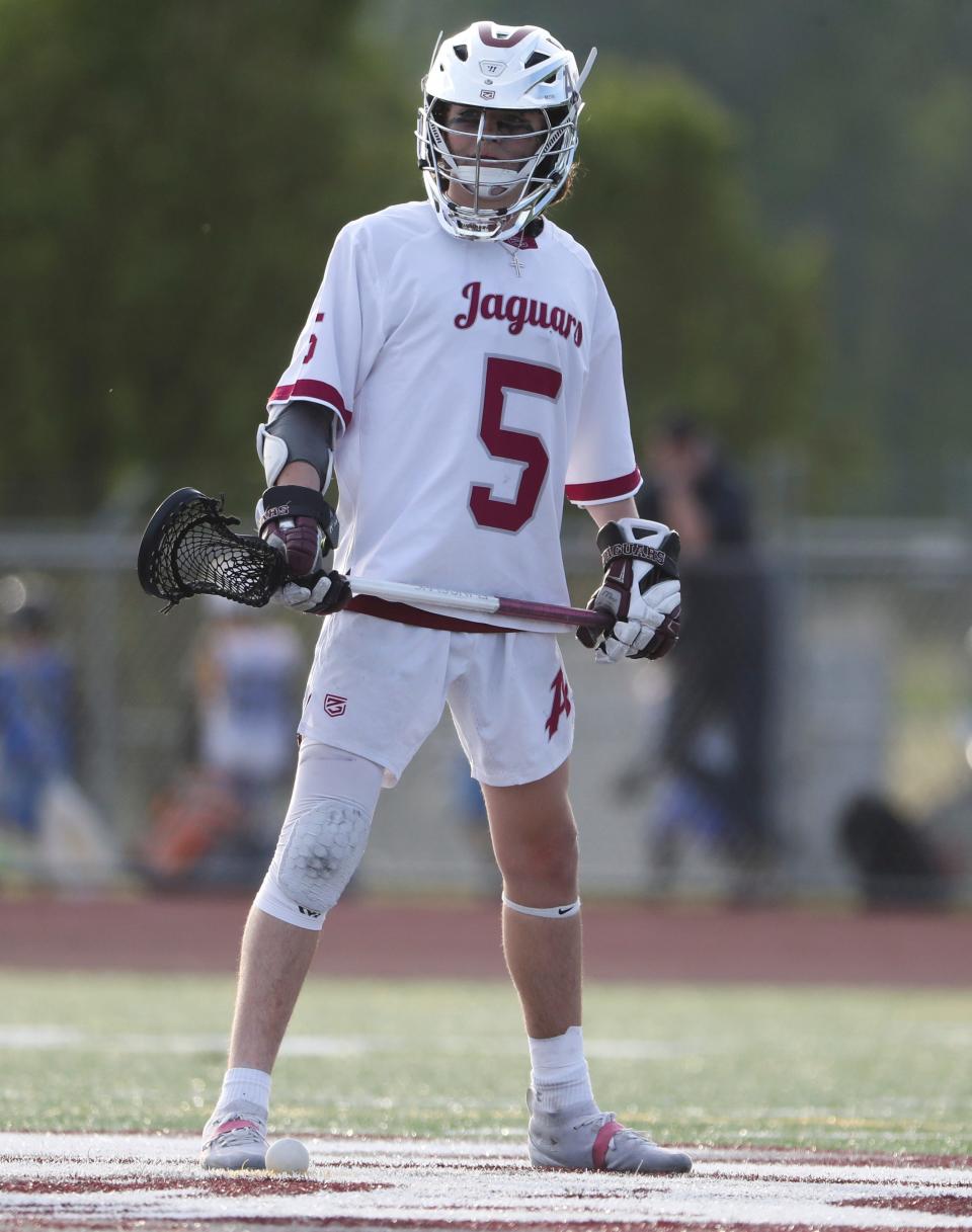 Appoquinimink's Logan Potts gets ready for a face-off against Caravel in Appoquinimink's 15-4 win at home ,Thursday, May 5, 2022.