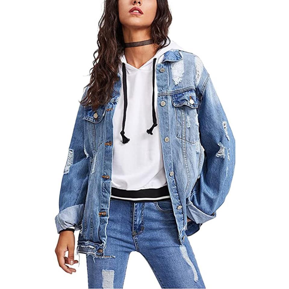 Floerns Women's Ripped Distressed Casual Long Sleeve Denim Jacket