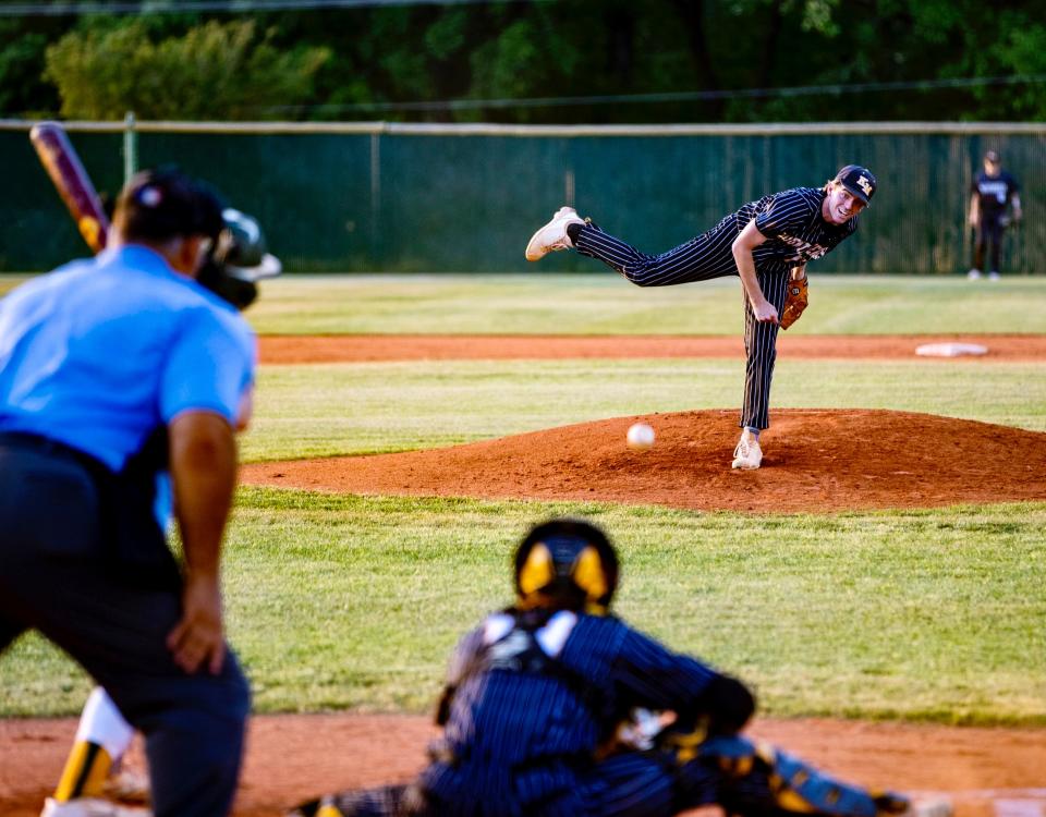 Kings Mountain junior pitcher Zane Brockman throws against Crest Tuesday afternoon at Crest High School. Kings Mountain defeated Crest 5-4.