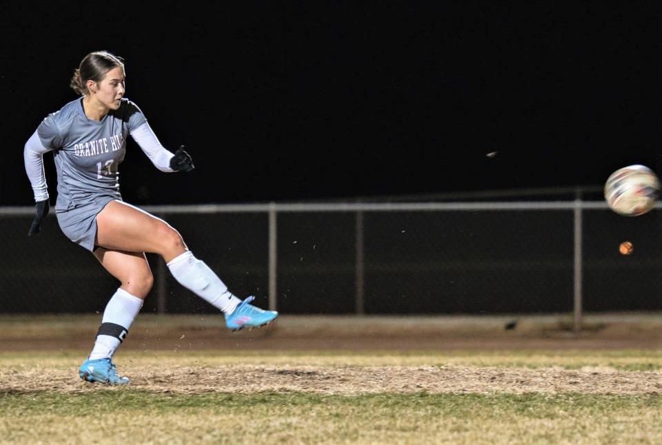 Granite Hills' Samantha Grantham shoots a penalty kick during a recent game at the school.