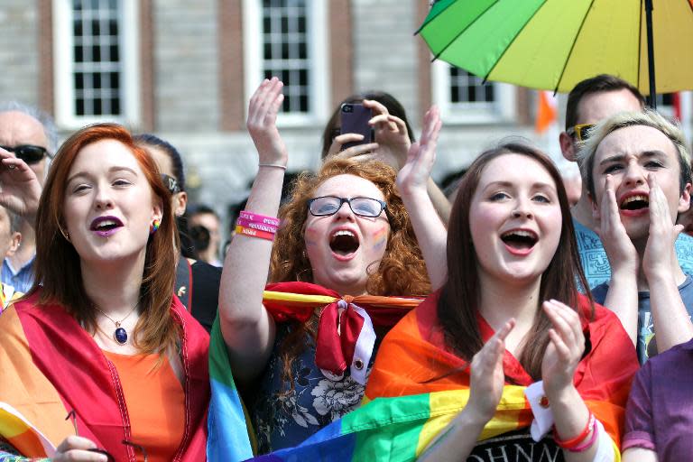 Supporters for same-sex marriage raise a cheer at Dublin Castle on May 23, 2015 in Dublin