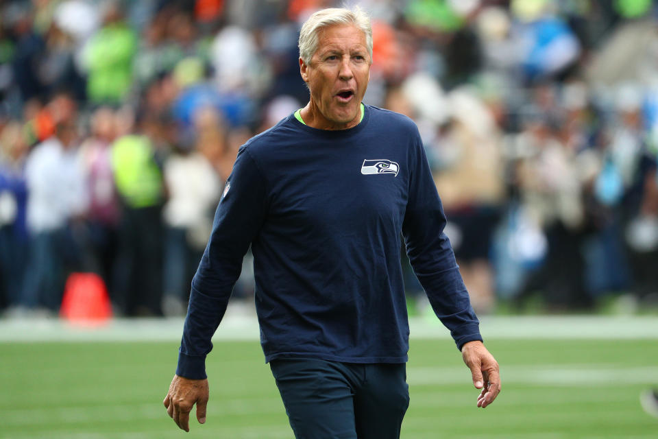 SEATTLE, WASHINGTON - SEPTEMBER 08: Head Coach Pete Carroll of the Seattle Seahawks looks on prior to taking on the Cincinnati Bengals during their game at CenturyLink Field on September 08, 2019 in Seattle, Washington. (Photo by Abbie Parr/Getty Images)