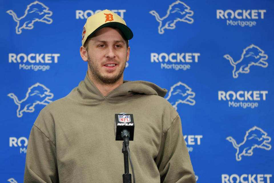 Detroit Lions quarterback Jared Goff speaks during a news conference after an NFL football game against the Minnesota Vikings, Sunday, Dec. 24, 2023, in Minneapolis. The Lions won 30-24. (AP Photo/Bruce Kluckhohn)