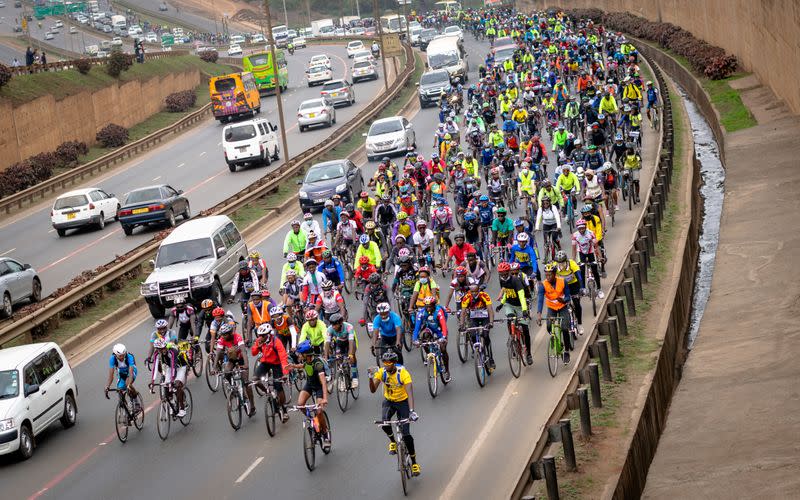 Members of the Nairobi chapter of Critical Mass cycle as they commemorate a friend who was killed while cycling in Nairobi