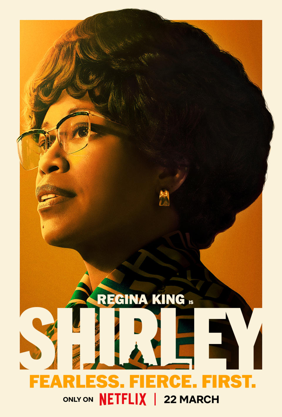 Regina King portrayed in a poster for "Shirley," with the tagline "Fearless. Fierce. First." Release date on Netflix is 22 March