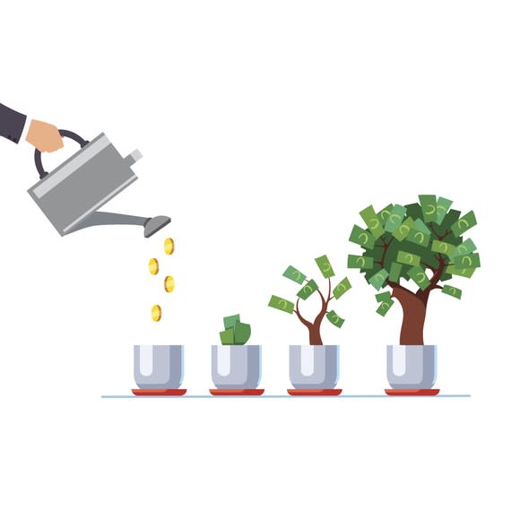 Illustration of someone watering a money tree.