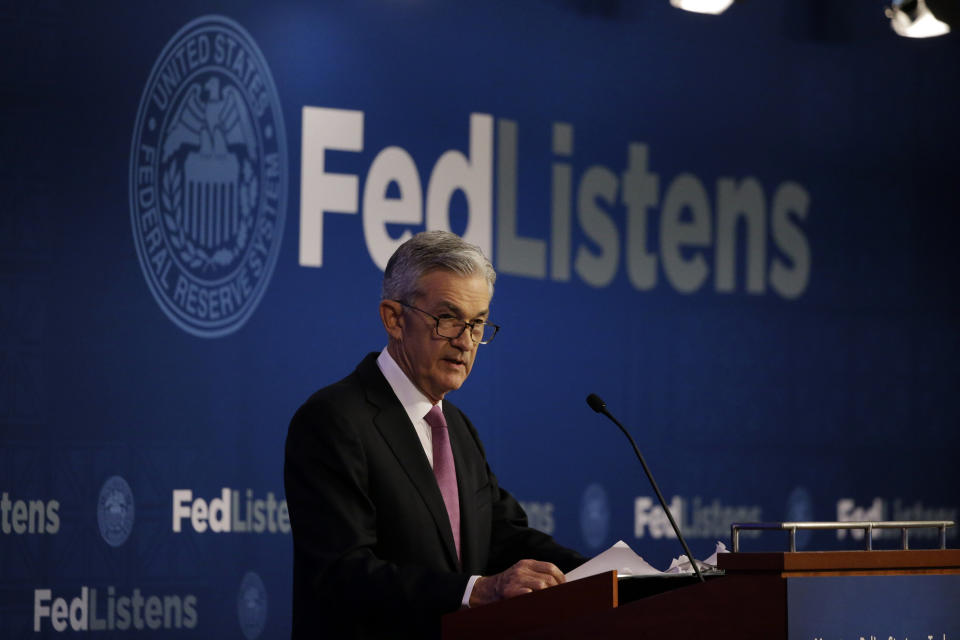 Federal Reserve Chairman Jerome Powell speaks at a conference involving its review of its interest-rate policy strategy and communications, Tuesday, June 4, 2019, in Chicago. (AP Photo/Kiichiro Sato)