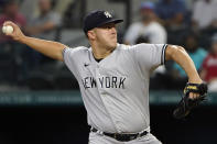 New York Yankees starting pitcher Jameson Taillon throws during the first inning in the first baseball game of a doubleheader against the Texas Rangers in Arlington, Texas, Tuesday, Oct. 4, 2022. (AP Photo/LM Otero)