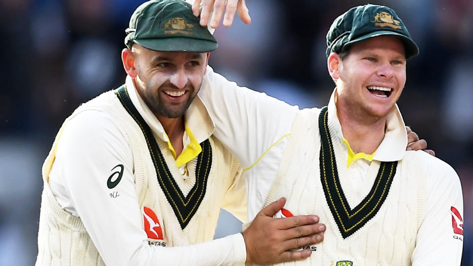 Nathan Lyon and Steve Smith, pictured here after Australia's Ashes victory.