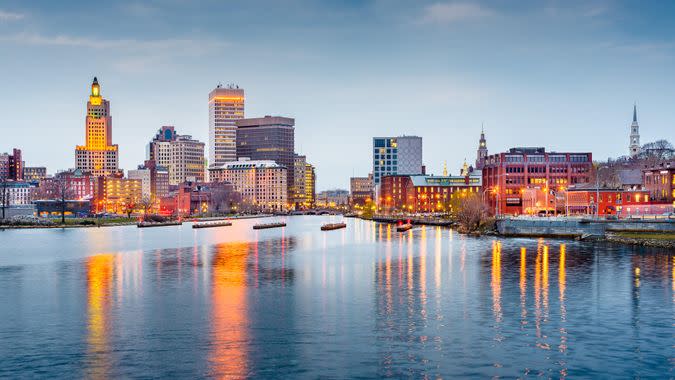 Providence, Rhode Island downtown cityscape viewed from above the Providence River.